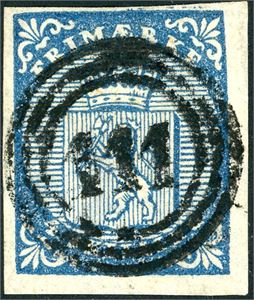 1. 4 skilling våpen 1855, anert med nummerstempel "111" (Herø i Søndmør), MR, 10 pkt). To gode- og to litt smale marger.