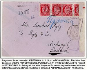 19 forsendelser, hvor 4 er frankert med fintagget Knudsen, 14 med Posthorn 1909/19 og en med Eidsvold. 9 er sendt til Finland og 7 er sendt til Russland.