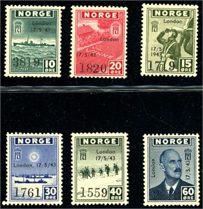 333/38. Londonmerkene med overtrykk i komplett serie.