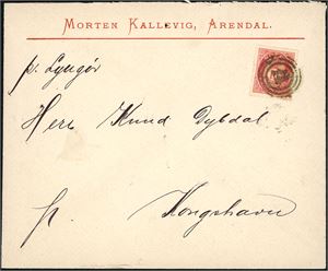 57. 10 øre fintagget Centraltrykkeriet på konvolutt fra Arendal, annullert med 3-rings "14" (D/S Lyngør) og sendt til Kongshavn.