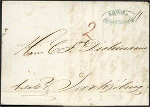 Komplett brev fra Fredrikstad til Saxkjøbing, Danmark 15. januar 1850. Baksiden påskrevet av forwardingsagenten: "Befordret ved deres Hengivende G. Halkier & Co. Khavn d.21 Janr 1850" samt stemplet "Kiæbenhavn".