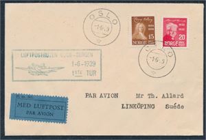 LUFTPOST. 15øHolberg og 20ø Bjørnson på flott brev st "Oslo 1-6-39" og "Luftpostruten Oslo - Bergen 1-6-39. 1ste Tur"
