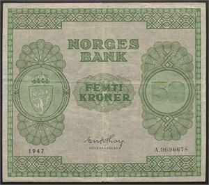 50 Kroner 1947 A.9696678 Kv 1, lite senterhull
