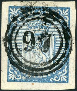 1. 4 skilling våpen 1855, anert med nummerstempel "97" (Hadsel, NO, 6 pkt). Meget gode marger i alle sider. Attest Aune.