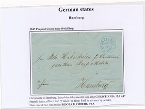 Forhåndsbetalt brev stemplet "CHRISTIANIA 12-11-1847" til Hamburg