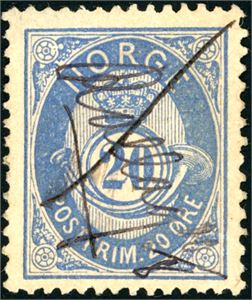 54 IV. 20 øre 20 mm, annullert med håndskreet "Rollag 10/8" (BU).