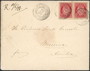 77. To 10 øre Posthorn på konvolutt til Sicilia, Italia, annullert med 4-rings "248" (Brevik-Kristiansand S, brukt på D/S Eidanger som Hjelpestempel). Påskrevet "10/6 98" i øvre venstre hjørne. Ankomststemplet "Messina" på baksiden.