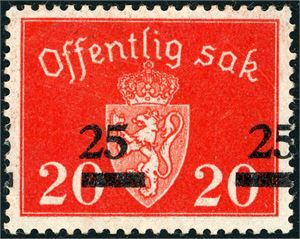 T 67. 25 øre Provisorie, variant "Sterkt forskjøvet overtrykk".