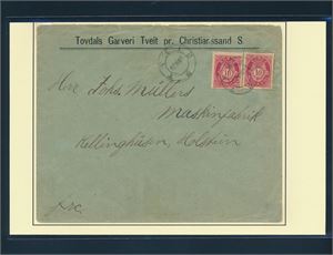 Nk 77 II x2 på brev stemplet "TVEID 12 VI 02" til Kellinghüsen, Tyskland. Oppgitt: 10 kjente