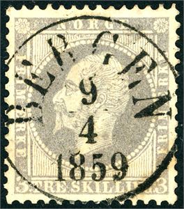 3. 3 skilling Oscar, rettvendt fullstemplet "Bergen 9.4.1859".