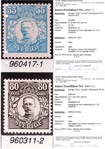 SVERIGE F92-94** 55 och 90 öre medaljong, ett vackert postfriskt par. Intyg HOW "3-3-5" samt två äldre