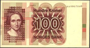 100 kroner 1977, serie AA 0067040. 01