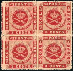 3. DWI. 3 cents 1872 in a superb block of four. Cert C. Aa. Møller.