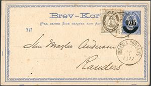 22. 6 øres porto til Danmark . 5 øre Brev-Kort, oppfrankert med 1 øre skravert Poshorn, stemplet "Chrania Chrsand 7.5.1877" og sendt til Randers.