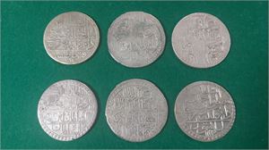 OTTOMANSKA RIKET, parti sex stora silvermynt 1800-90-tal, bland annat 1 piastra Abdul Hamid