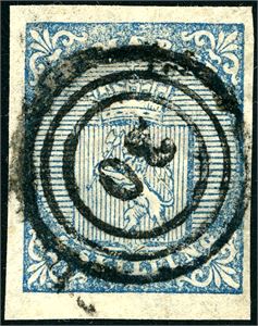 1. 4 skilling våpen 1855, anert med nummerstempel "30" (Bjørnør, ST, 9 pkt). Tre gode- og en smal marg.