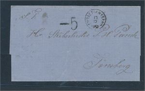 Ubetalt brev med portotall "-5" stemplet "CHRISTIANSSAND 17-12-1863" til Tønsberg