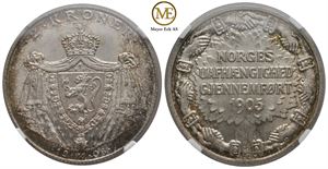 2 kroner 1906 Jub. Haakon VII. Gradert til MS66+ hos NGC. Kv.0