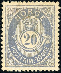 40 Ia. 20 øre blå 1883. Noen mindre rustflekker. Liten papirbit er festet i limet. (6.000,-).