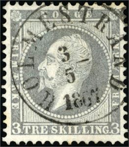 3. 3 skilling Oscar, pent stemplet "Holmestrand 3.5.1857".