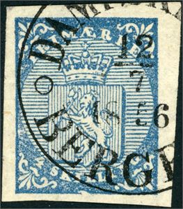 1. 4 skilling Våpen 1855, rettvendt stemplet "Dampskibet Bergen 12.7.1856". Gode marger. Attest L. Nielsen.