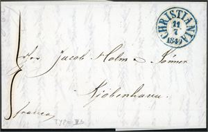 Komplett brev, stemplet "Christiania 11.7.1849" (t. IV B) og sendt til Kjøbenhavn, Danmark.
