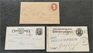 USA-HELSAKER 3 brev/kort ca 1852-99. Et stemplet "CLARKSBURGH, Va Aug 12" (grønt stempel)