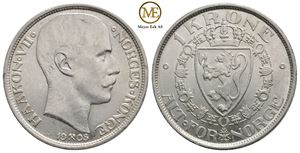1 krone 1908 u/p Haakon VII. Kv.God 01