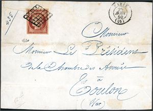 7. 1 Fr Ceres on domestic coverfront, cancelled with grid, and "Paris 26 Avril 60" at side. The stamps with 4 margins.