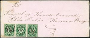 16 I. 1 skilling Posthorn i horisontal 3-stripe på konvolutt, annullert med håndskrevet "Ulfsten 14/7 1875". Luksus!