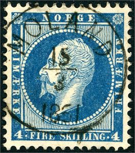 4. 4 skilling Oscar, rettvendt stemplet "Moland 15.3.1861" (TE, 7 pkt).