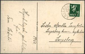 242. 10 øre løve på postkort, annullert med KPH stempel "Bæverfjord" (MR, 7 pkt) og sendt til Sarpsborg i 1950.