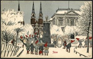 Skien. Julenisser på Julenissemøte i sentrum av byen. Stemplet "Gvarv" i 1908. K-2