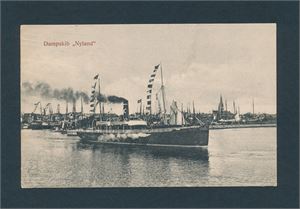 SKIP Dampskib "NYLAND" (Knudstrup, Fr.havn). Viser skipet på Kristiansand havn, sendt til Danmark 1907