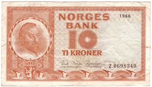 10 kroner 1966 Z.0698340 erstatningsseddel. Kv.1-
