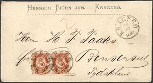 27. 40 øres porto til Tyskland. 20 øre skravert Posthorn i horisontalt par på dobbeltvektig konvolutt til Bensersiel, stemplet "Kragerø 19.10.1881". Ankomststempel fra "Esens" på baksiden.