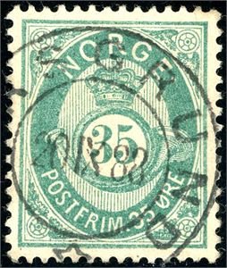 29 a. 35 øre skravert Posthorn i sjøgrønn nyanse, pent stemplet "Porsgrund 20.11.83".