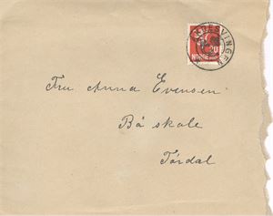 Kronet Posthorn Åkresvingen (Te) på konv. Frankert med 20ø løve