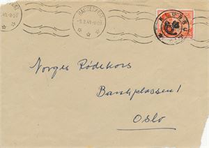 Kronet Posthorn KLUBBUKT (FM / 8) på brevforside med 25 øre NK 362 sidest. Hammerfest MH -9.2.49