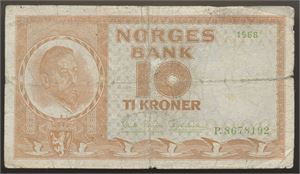 10 Kroner 1968 P.8678192. Variant med grønt serienummer, underskrift og årstall. Kv. 1-/2,  rift