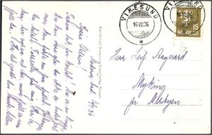 15 øre Løve II på postkort, annullert med hjelpestempel "Vikesund 16.7.36" (BU).