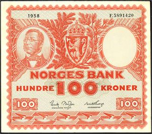 100 kroner 1958, serie F.5891420. 2