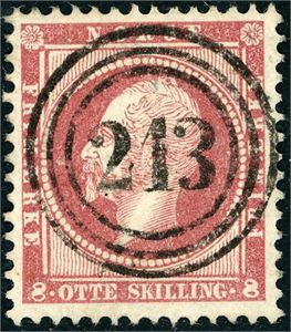 5. 8 skilling Oscar, rettvendt annullert med nummertsempel "213" (Namsos).