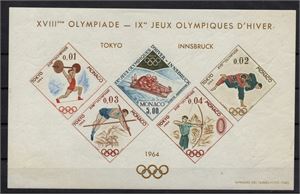 MONACO 1964 Mi 793-97 OS otandat miniblock. Eftersökt! (Mi € 550)