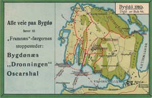 Bygdö 1910 Kartmotiv, men ingen postkortbakside.  Alle veier på Bygdø fører til "Framnæs Færgene"….