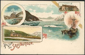 77. E 12. Hilsen fra Spitsbergen. Postkort med 4 vignetter, påsatt en 10 øre Posthorn, stemplet "Advendt Bay Spitsbergen 18.8.99", og ved siden en 5 øre blå Spitsbergen-etikett, stemplet "Spitsbergen 1899" i lilla. Kortet er ikke sendt.