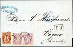 19,21. 15 skillings porto til Frankrike. 4 skilling Posthorn i horisontalt par sammen med en 7 skilling på brevomslag til Cognac, stemplet "Arendal 4.7.1874". Ved siden et fransk transittstempel. "Paris" og ankomststempel på baksiden.