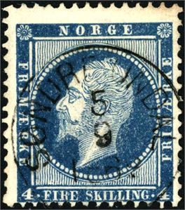 4. 4 skilling Oscar, fullstemplet "Søndre Undal 5.9.1862" (VA, 6 pkt). Noen gule tagger i øvre, høyre hjørne.