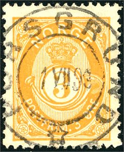 51 IV. 3 øre 20 mm, rettvendt fullstemplet "Porsgrund 1.7.93".