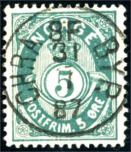 42 II. 5 øre 21 mm, rettvendt stemplet "Chra 8F Byp. 31.7.87". Vakkert merke.